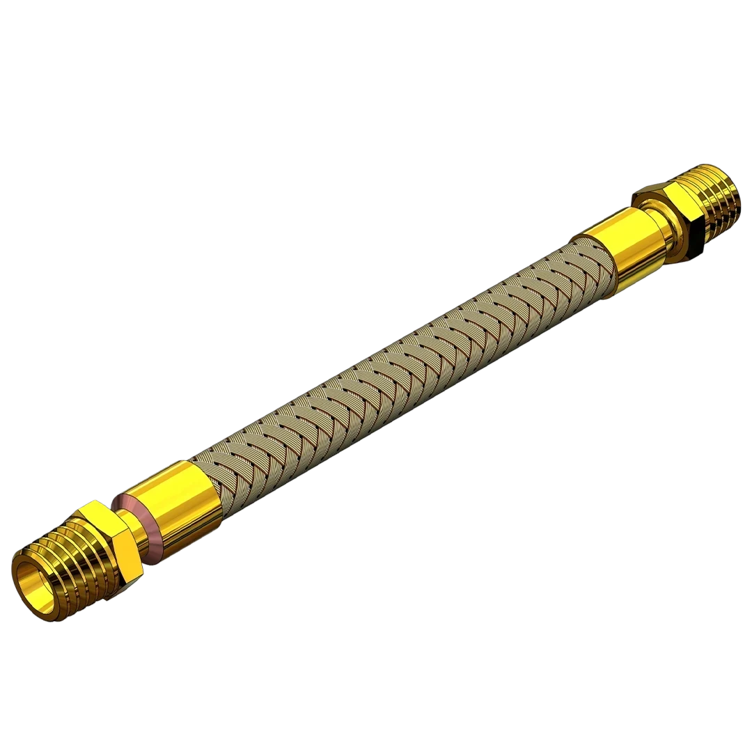 Detalhe de Tubo Metálico Flexível 1/2" Macho Rotativo/Macho Fixo